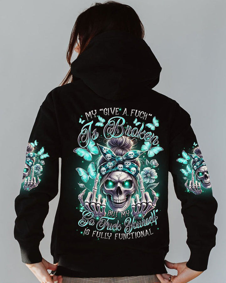 Unisex My Give A F Is Broken Messy Bun Skull Illustration Print Hoodie