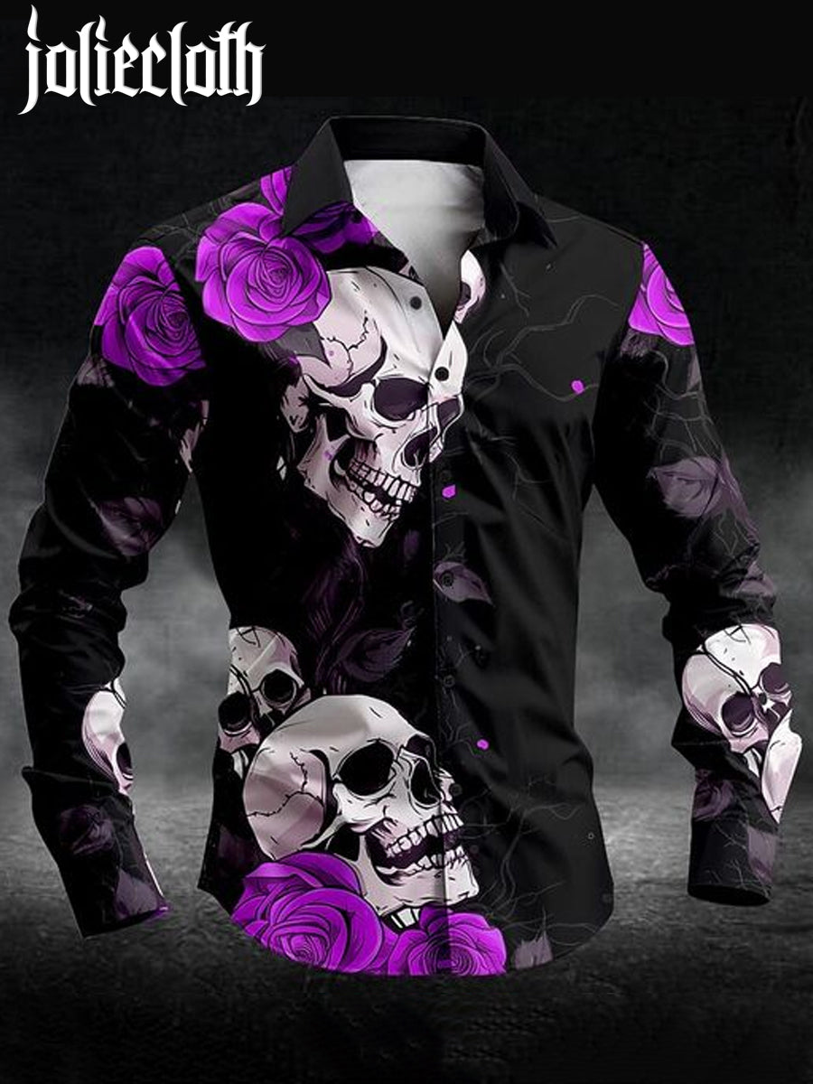 Men's Rose Skull Print Long Sleeve Shirt