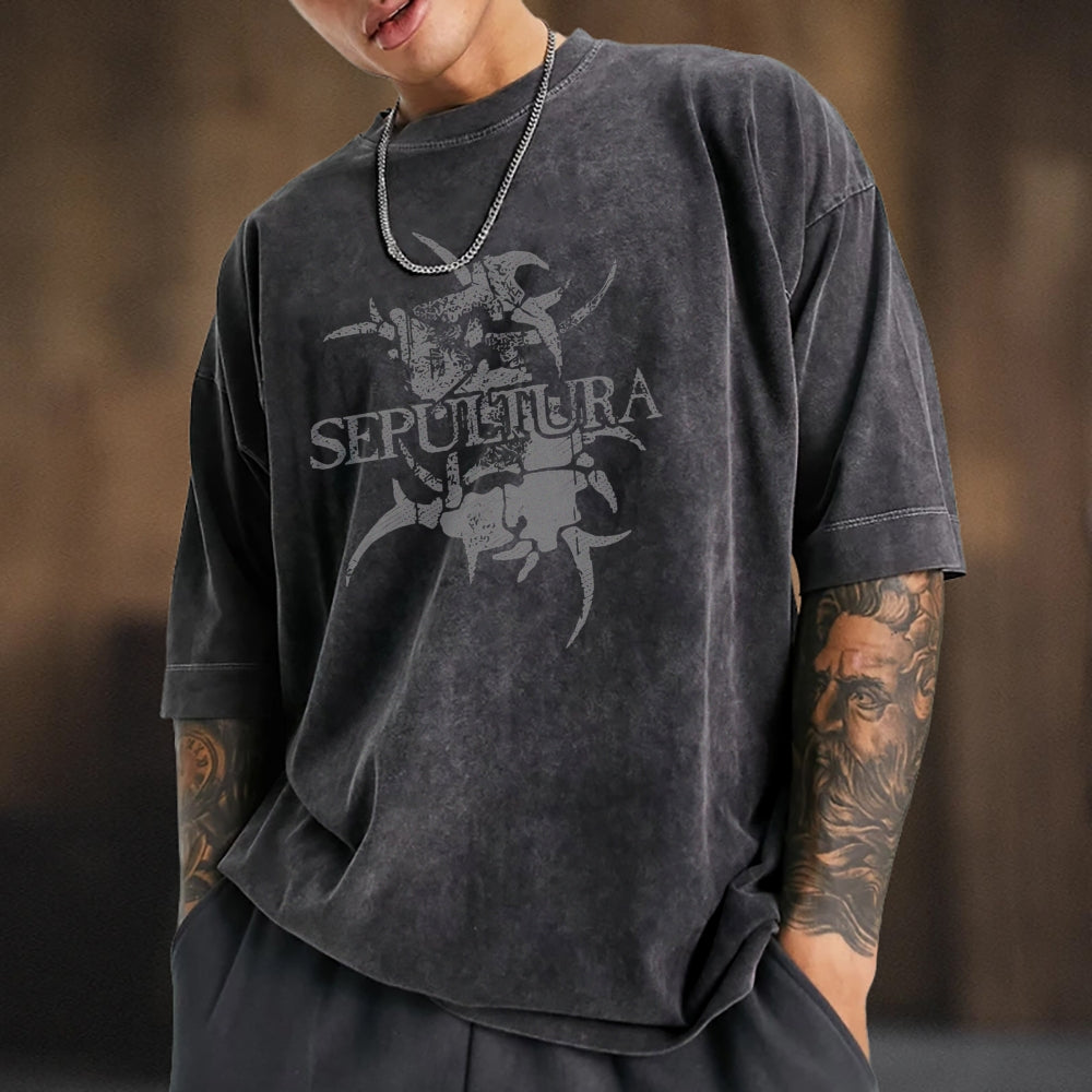 Unisex Vintage Washed Sepultura Heavy Metal Band T-shirt