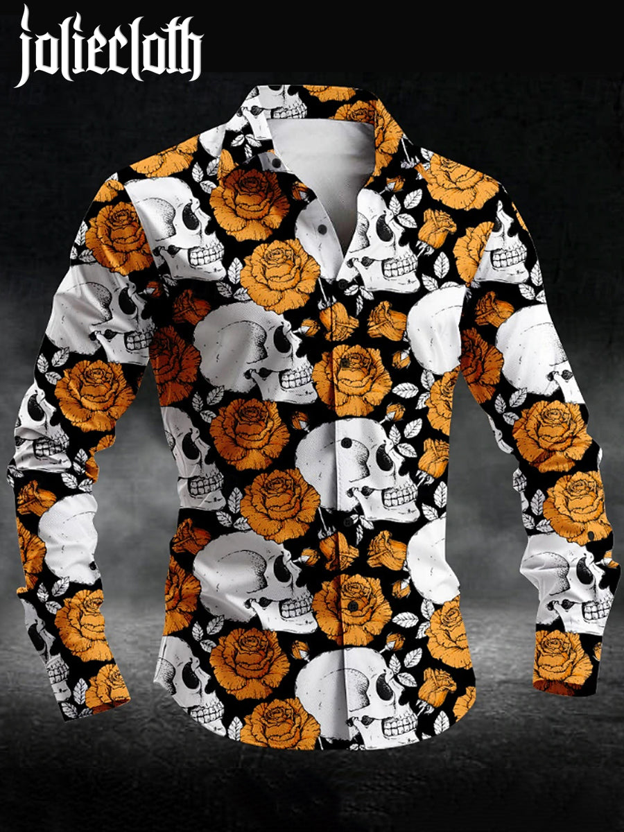 Men's Rose Skull Print Long Sleeve Shirt