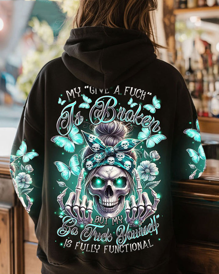 Unisex My Give A F Is Broken Messy Bun Skull Illustration Print Hoodie