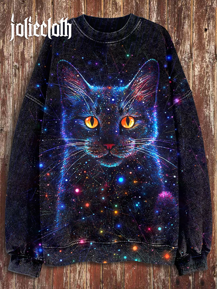 Unisex Fantasy Starry Sky Cat Illustration Printed Casual Long Sleeve Sweatshirt