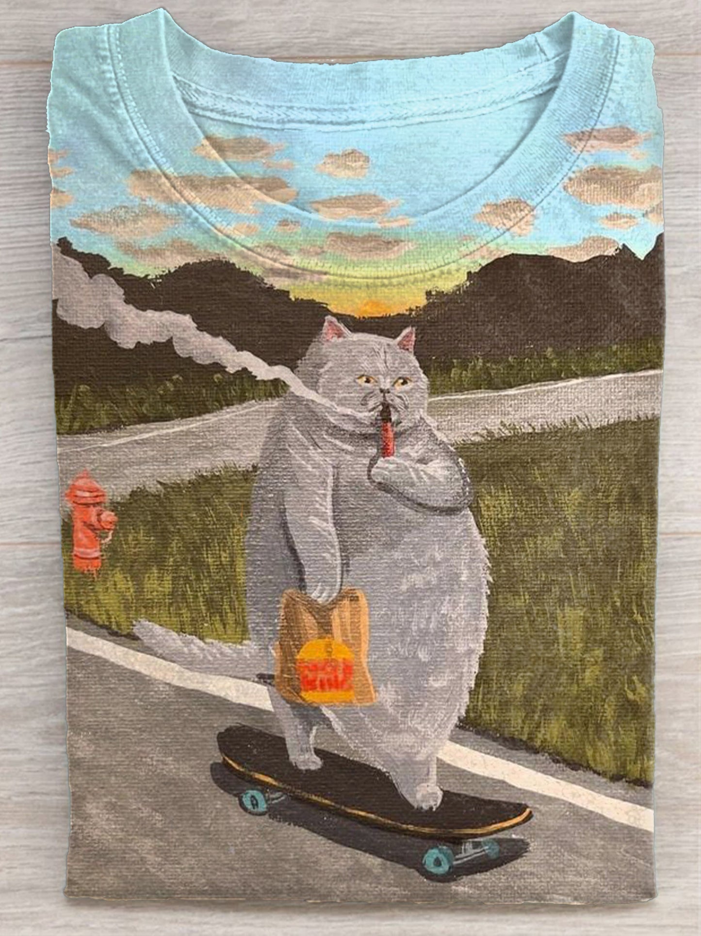 Cat Smoking and Skateboarding Print T-shirt