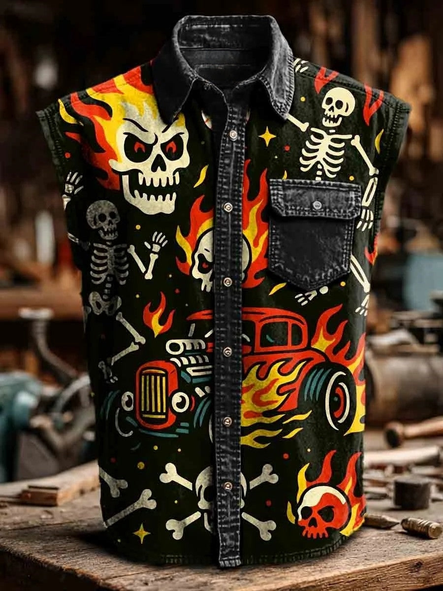 Skull Art Print Casual Sleeveless Lapel Shirt