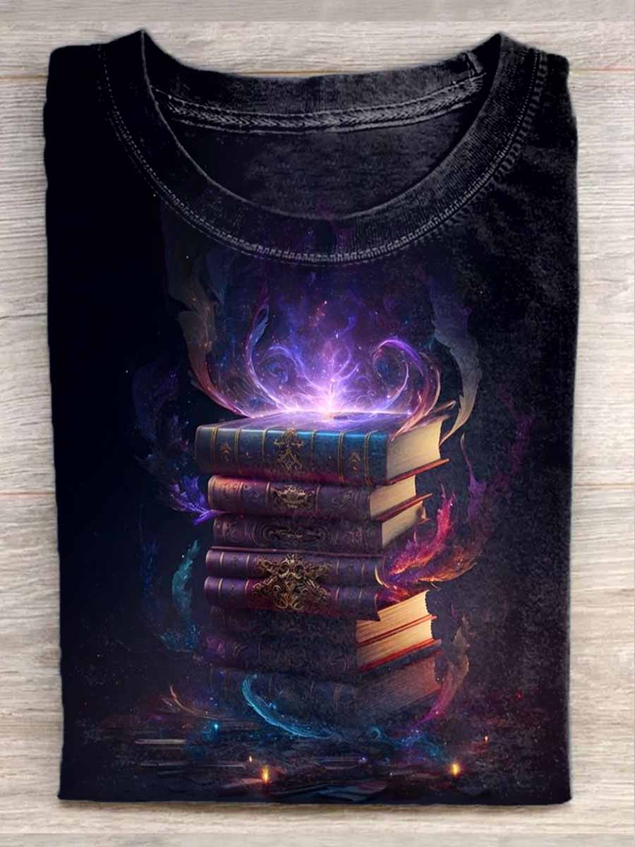 Unisex Retro Book Art Illustration Printed Casual Round Neck T-Shirt