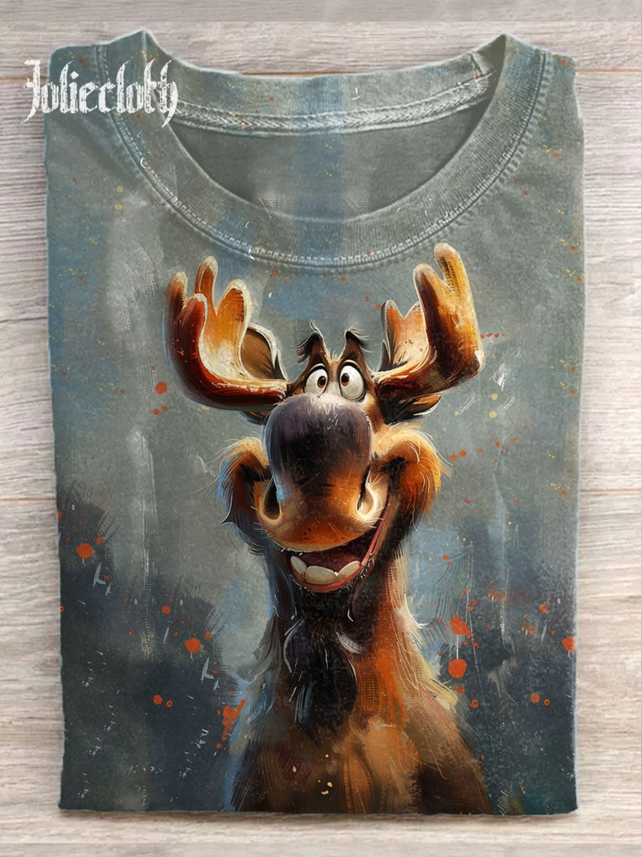 Unisex Funny Elk Art Illustration Print Casual Cotton Round Neck T-Shirt