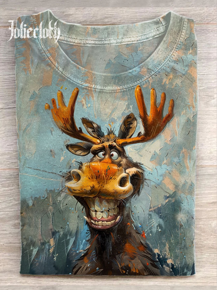 Unisex Funny Elk Art Illustration Print Casual Cotton Round Neck T-Shirt