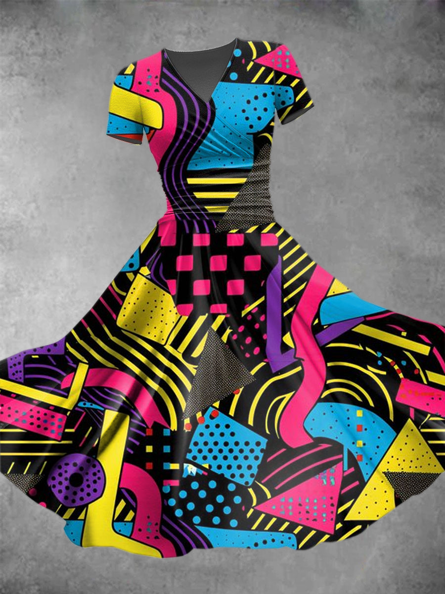 Women's Geometric Shape Illustration Casual Short-Sleeved V-Neck Dress