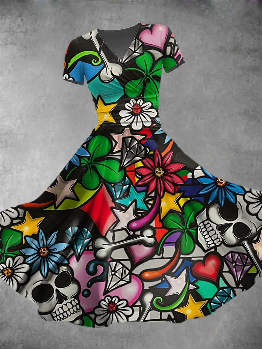 Womens Floral Skull Graffiti Casual Short Sleeve V Neck Dress