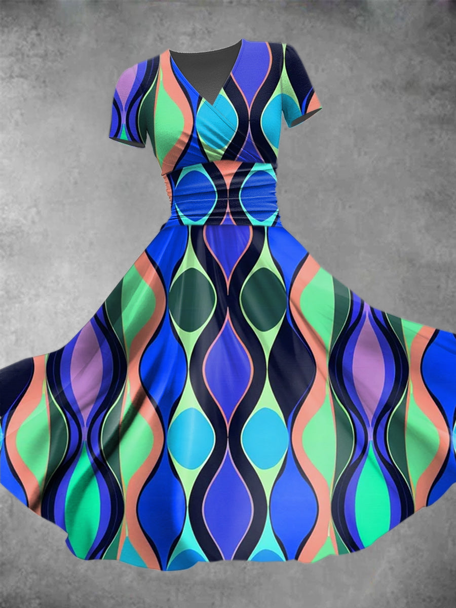 Women's Geometric Shape Illustration Casual Short-Sleeved V-Neck Dress