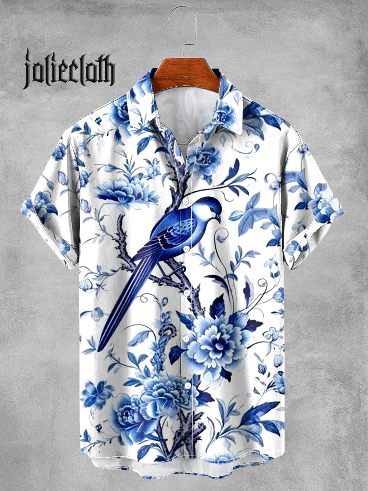 Men's Retro Bird Pattern Illustration Printed Casual Short Sleeve Shirt