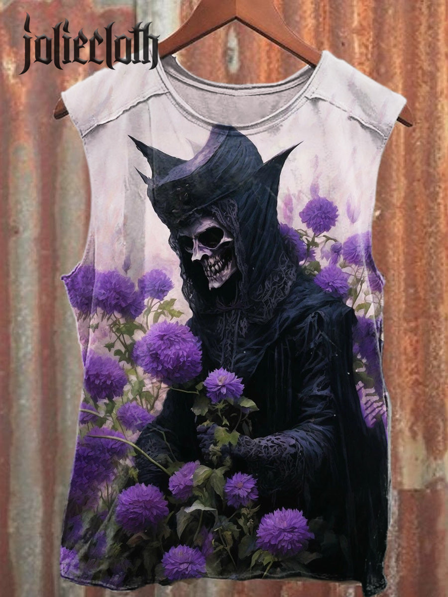 Unisex Skull Flower Illustration Printed Casual Cotton Tank Top