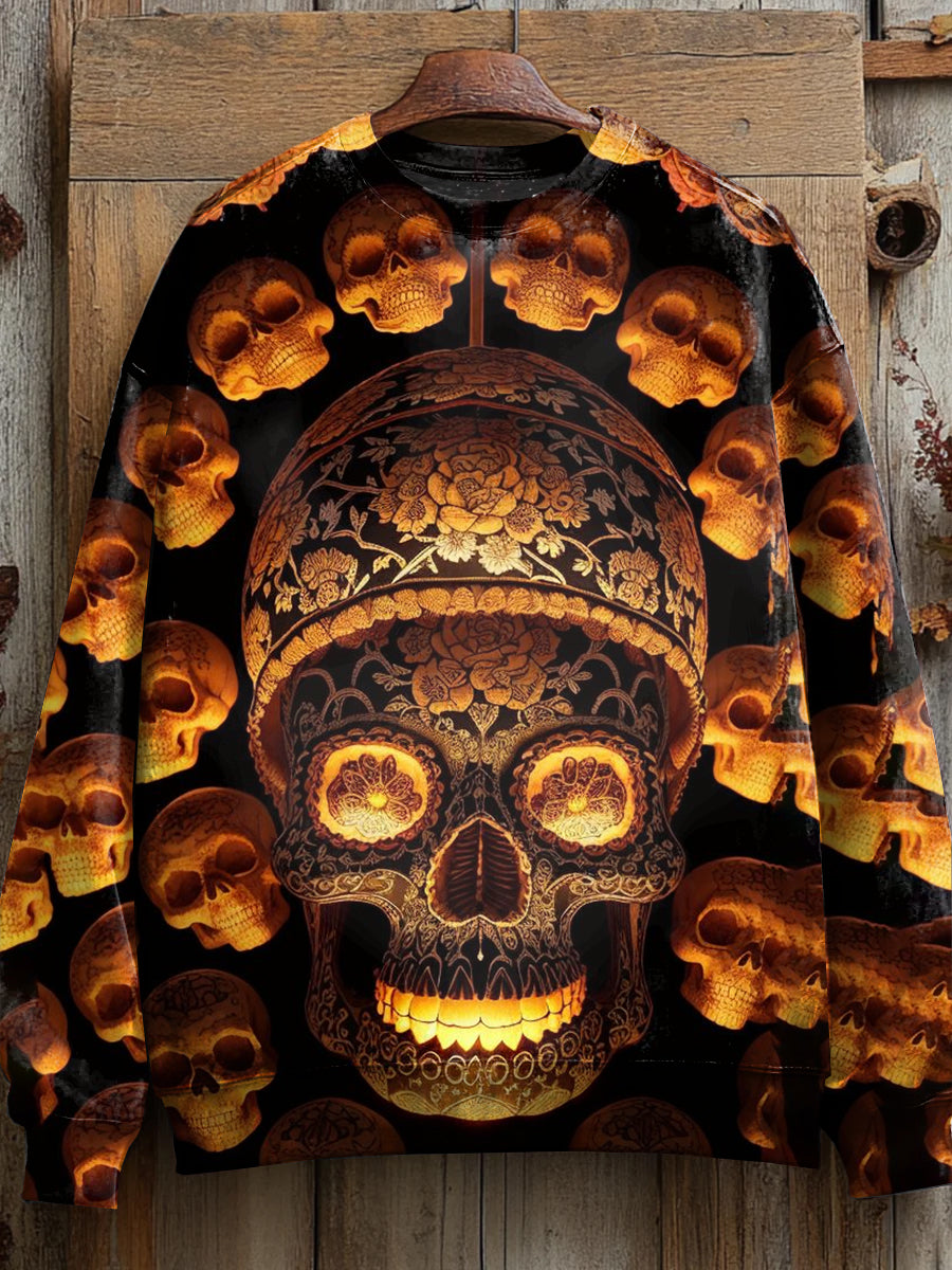 Unisex Halloween Skull Illustration Printed Casual Crew Neck Sweatshirt
