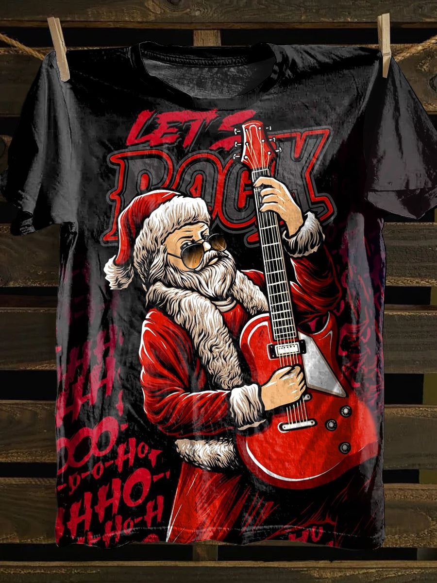 Unisex Rock Santa Claus Illustration Printed Casual Cotton Short Sleeve T-Shirt