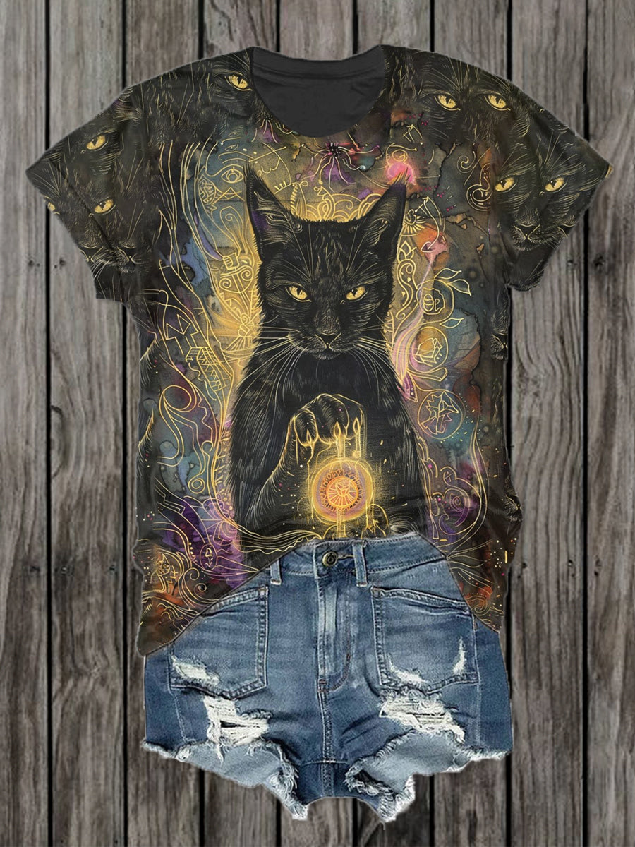 Black Cat Magic Art Print Casual Cotton Short Sleeve T-Shirt