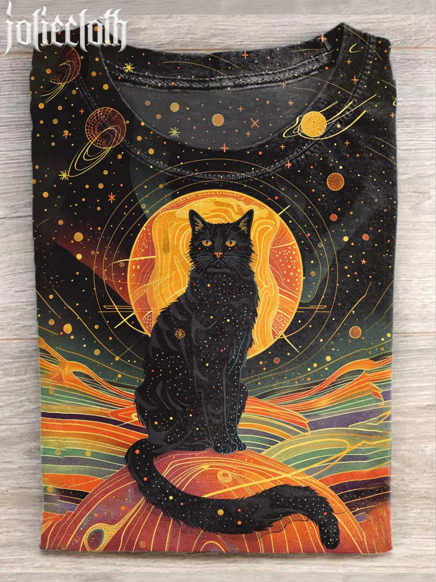 Black Cat Folk Starry Sky Art Print Casual Cotton Short Sleeve T-shirt
