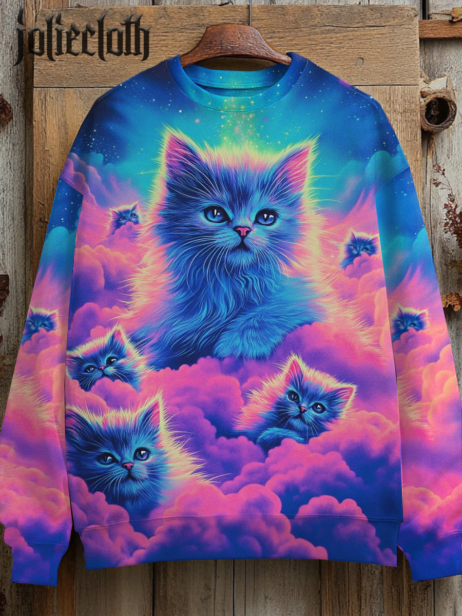 Unisex Fantasy Cat Cloud Art Illustration Casual Long Sleeve Sweatshirt