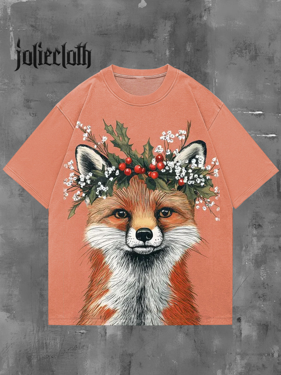 Unisex Christmas Fox Animal Illustration Printed Casual Cotton Short Sleeve T-Shirt