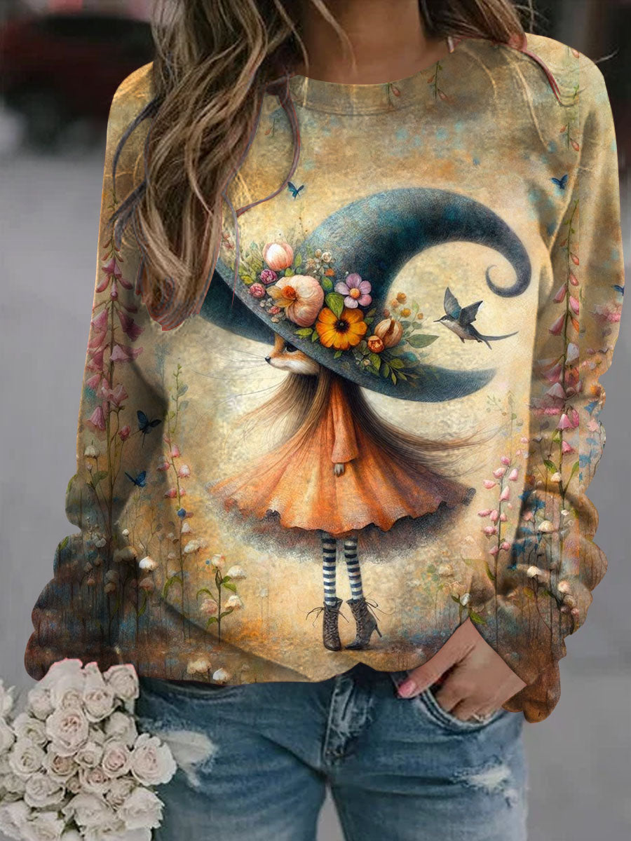 Women's Fox Witch Illustration Printed Casual Crewneck Sweatshirt