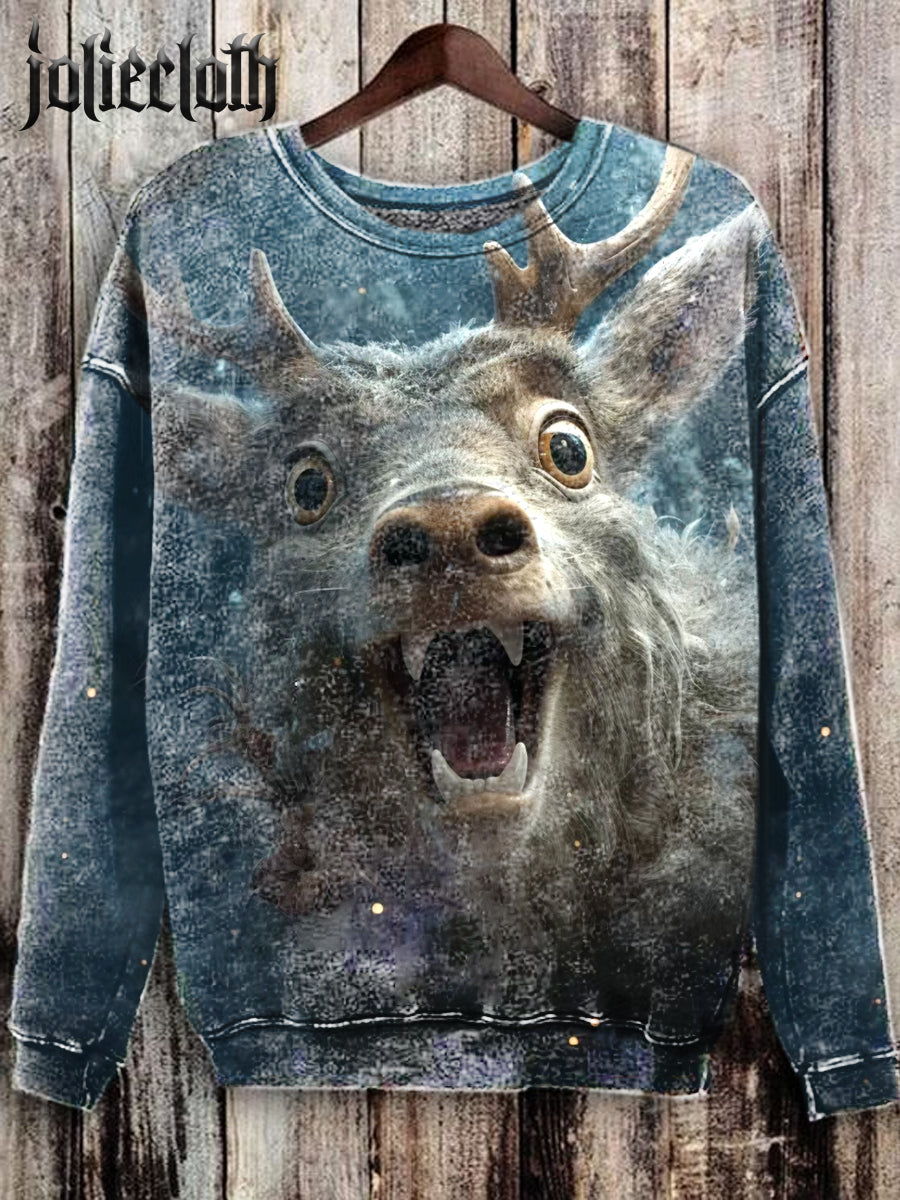 Unisex Funny Christmas Deer Illustration Printed Casual Long Sleeve Sweatshirt