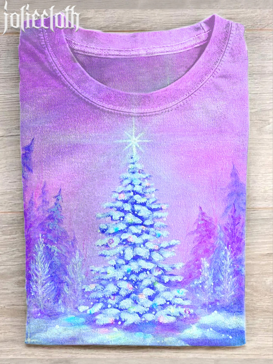 Unisex Christmas Tree Graffiti Illustration Printed Casual Cotton Short Sleeve T-Shirt