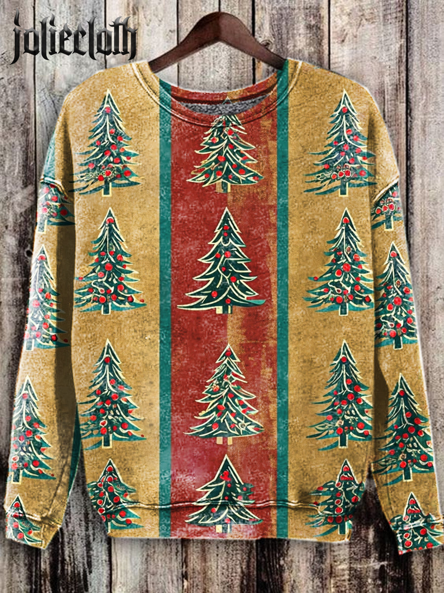 Unisex Christmas Tree Art Illustration Printed Casual Long Sleeve Sweatshirt