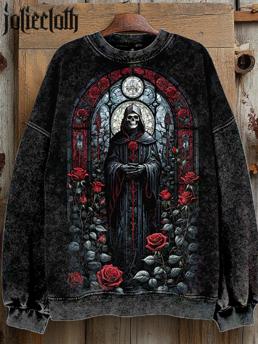 Unisex Stained Glass Skull Art Illustration Printed Casual Crewneck Sweatshirt