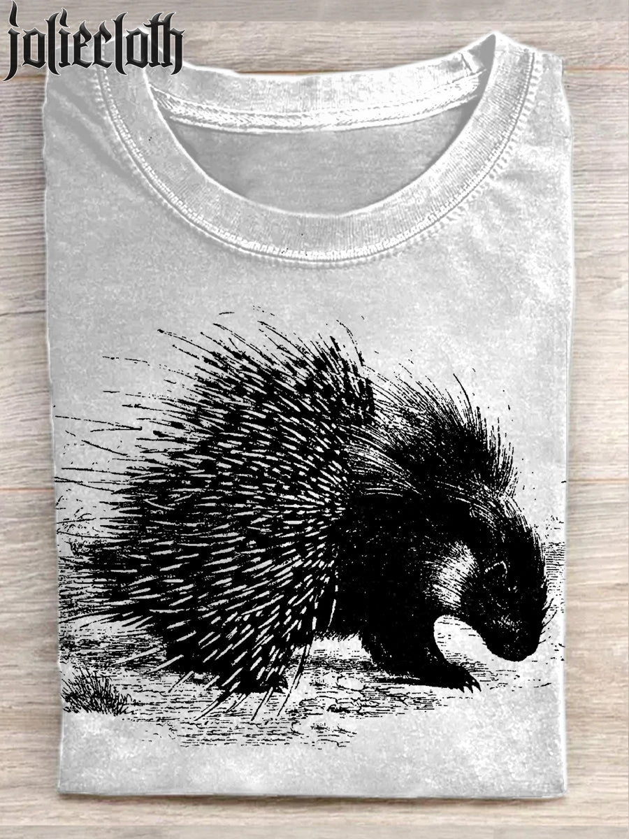 Unisex Fierce Hedgehog Art Illustration Printed Casual Cotton Short Sleeve T-shirt