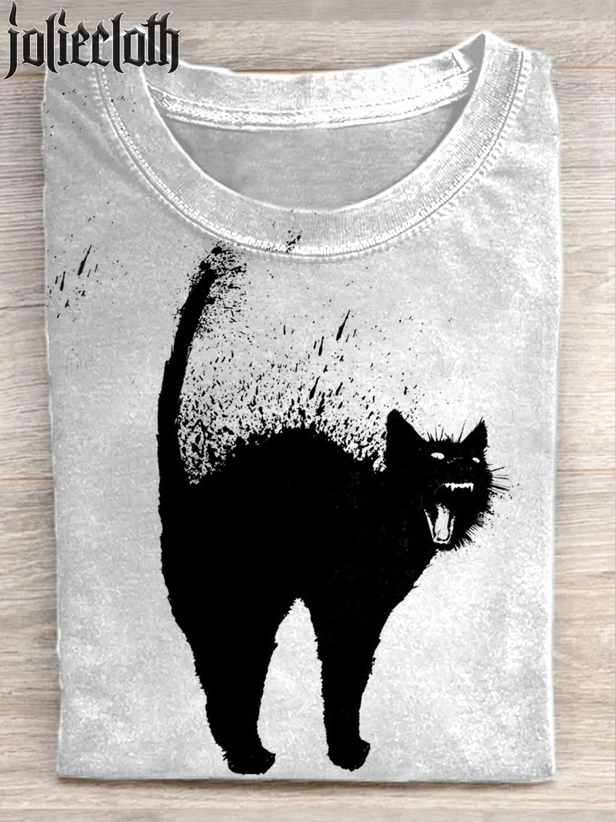 Unisex Fierce Cat Art Illustration Printed Casual Cotton Short Sleeve T-shirt