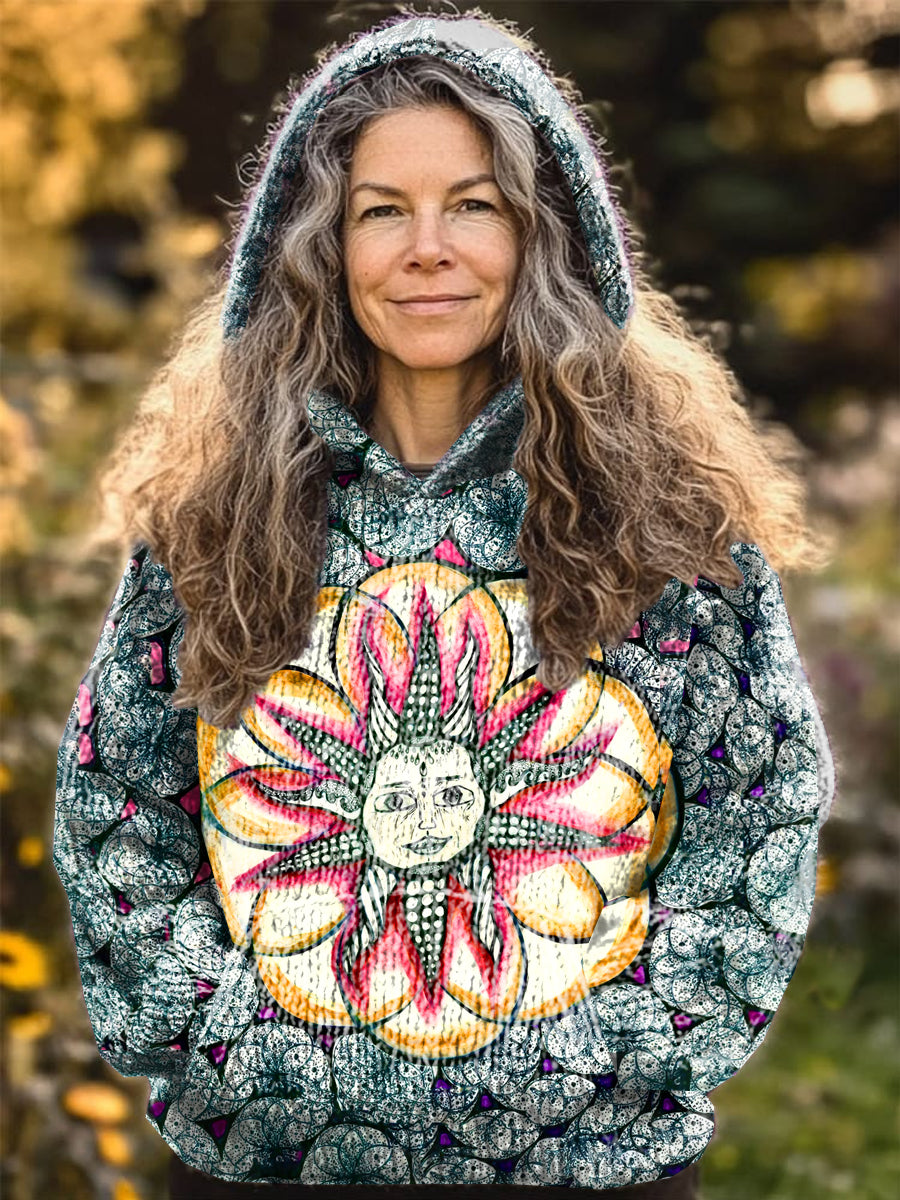 Women's Hippie Art Illustration Printed Casual Long Sleeve Hooded Sweatshirt