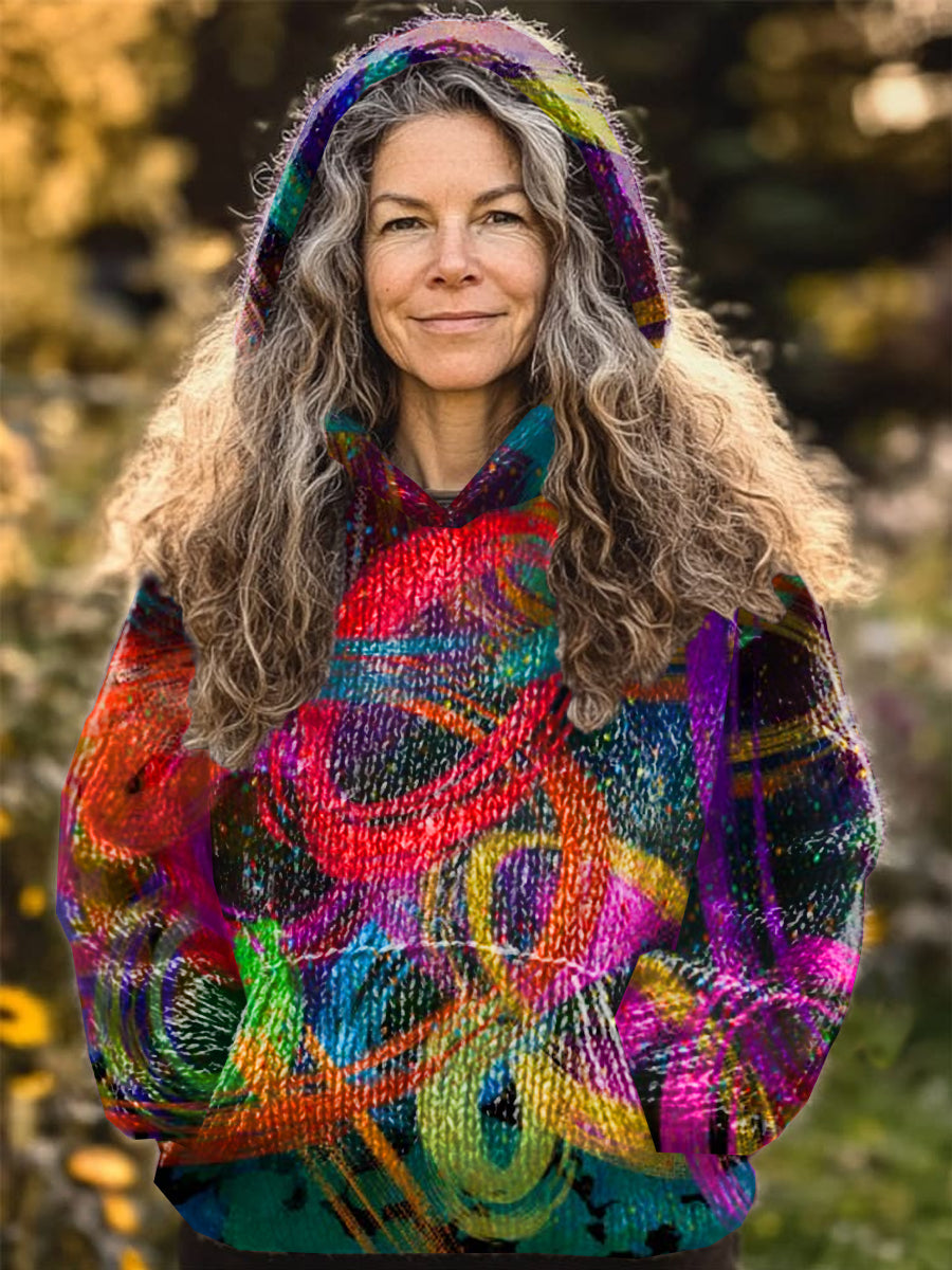 Women's Hippie Art Illustration Printed Casual Long Sleeve Hooded Sweatshirt