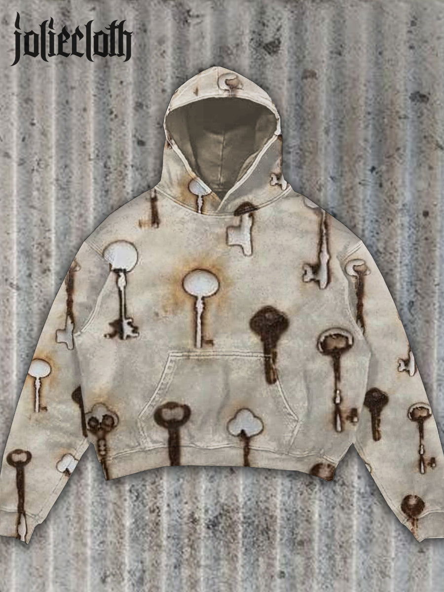 Unisex Burning Key Illustration Print Hooded Sweatshirt