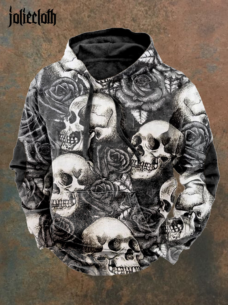 Men's Retro Skull Illustration Printed Casual Long Sleeve Hooded