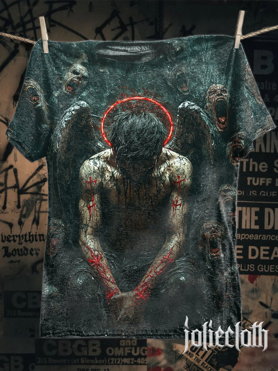 Unisex Retro Underground Angel Illustration Printed Casual Cotton Short Sleeve T-Shirt