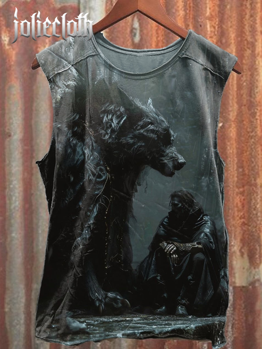 Unisex Retro Wolf Illustration Printed Casual Cotton Tank Top