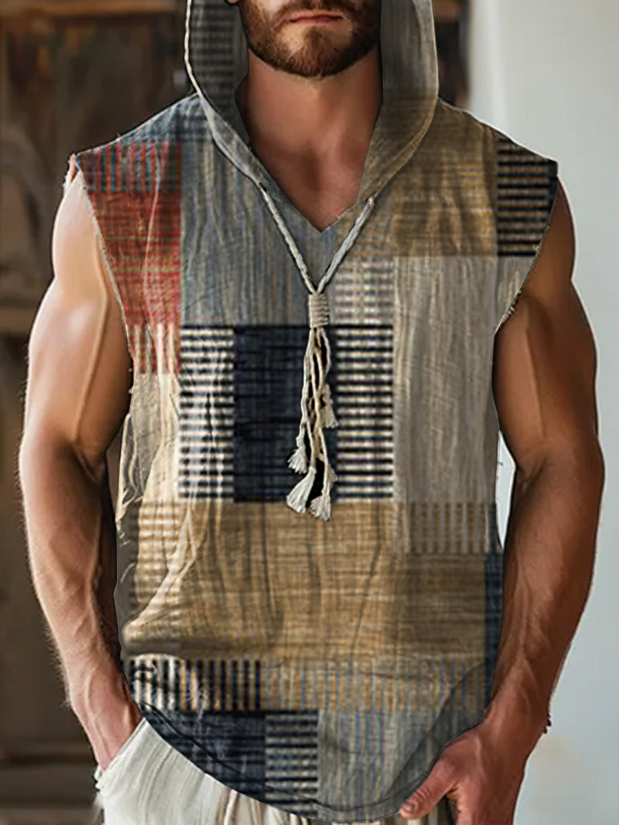 Retro Texture Illustration Printed Casual Cotton Hooded Tank Top
