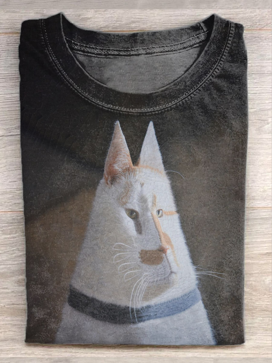 Unisex Funny Cat Illustration Casual Cotton T-shirt