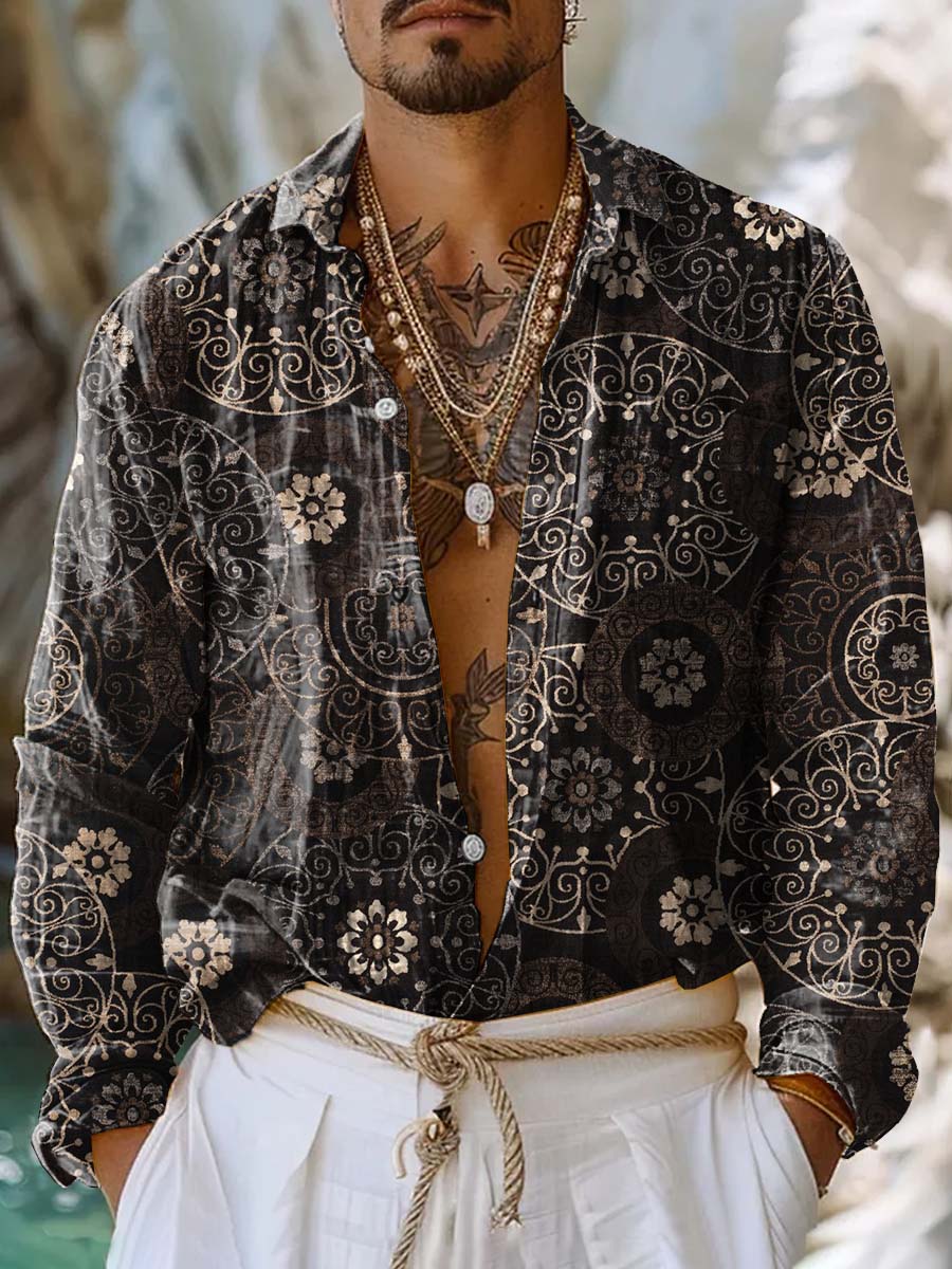 Retro Fashion Textured Pattern Art Deco Print Casual Long Sleeve Shirt