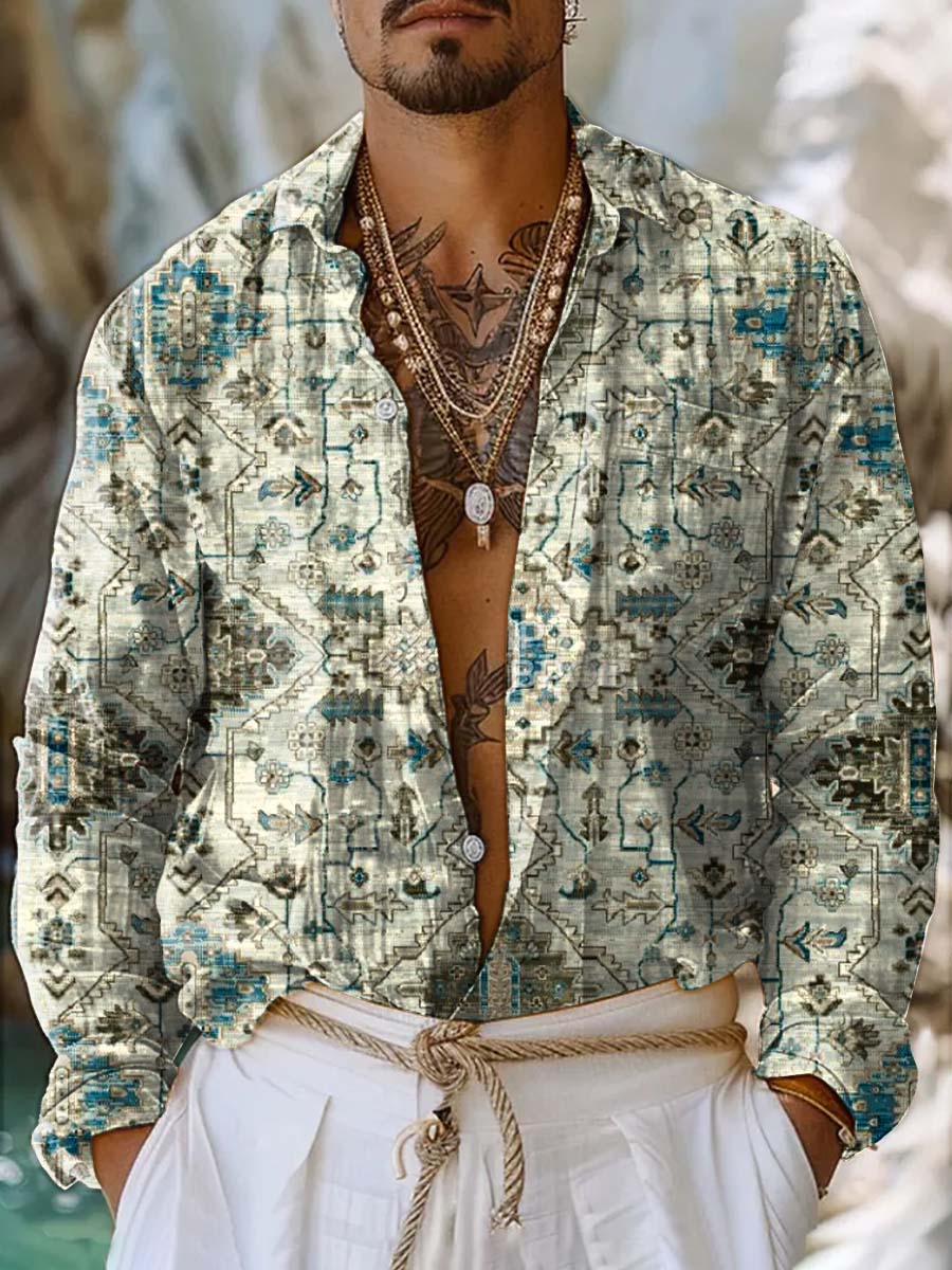 Retro Fashion Textured Pattern Art Deco Print Casual Long Sleeve Shirt