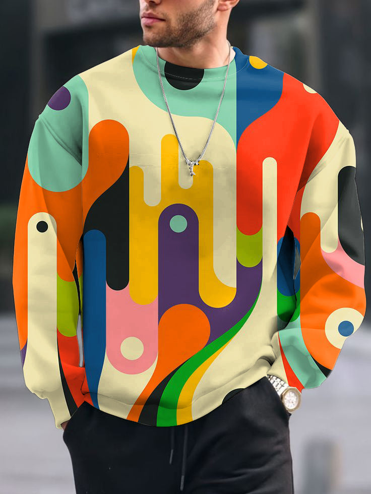 Men's Vintage Color Geometry Print Crew Neck Casual Sweatshit