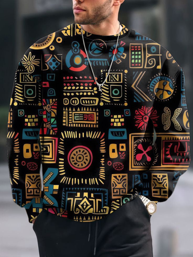 Men's Vintage Ethnic Print Crew Neck Casual Sweatshit