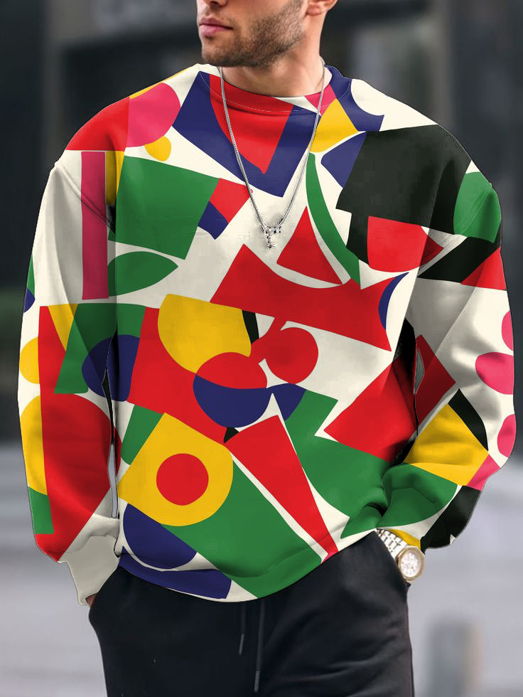 Men's Vintage Color Abstract Print Crew Neck Casual Sweatshit