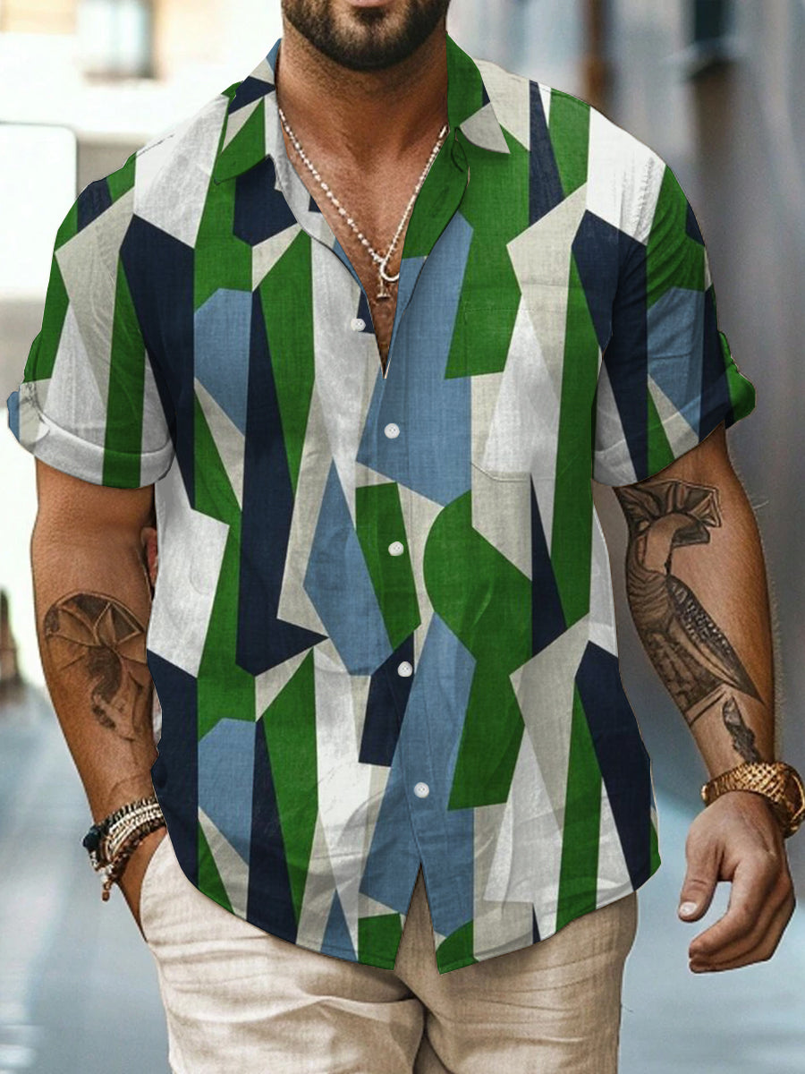 Color Geometry Printed Vintage Fashion Lapel Loose Short Sleeve Shirt