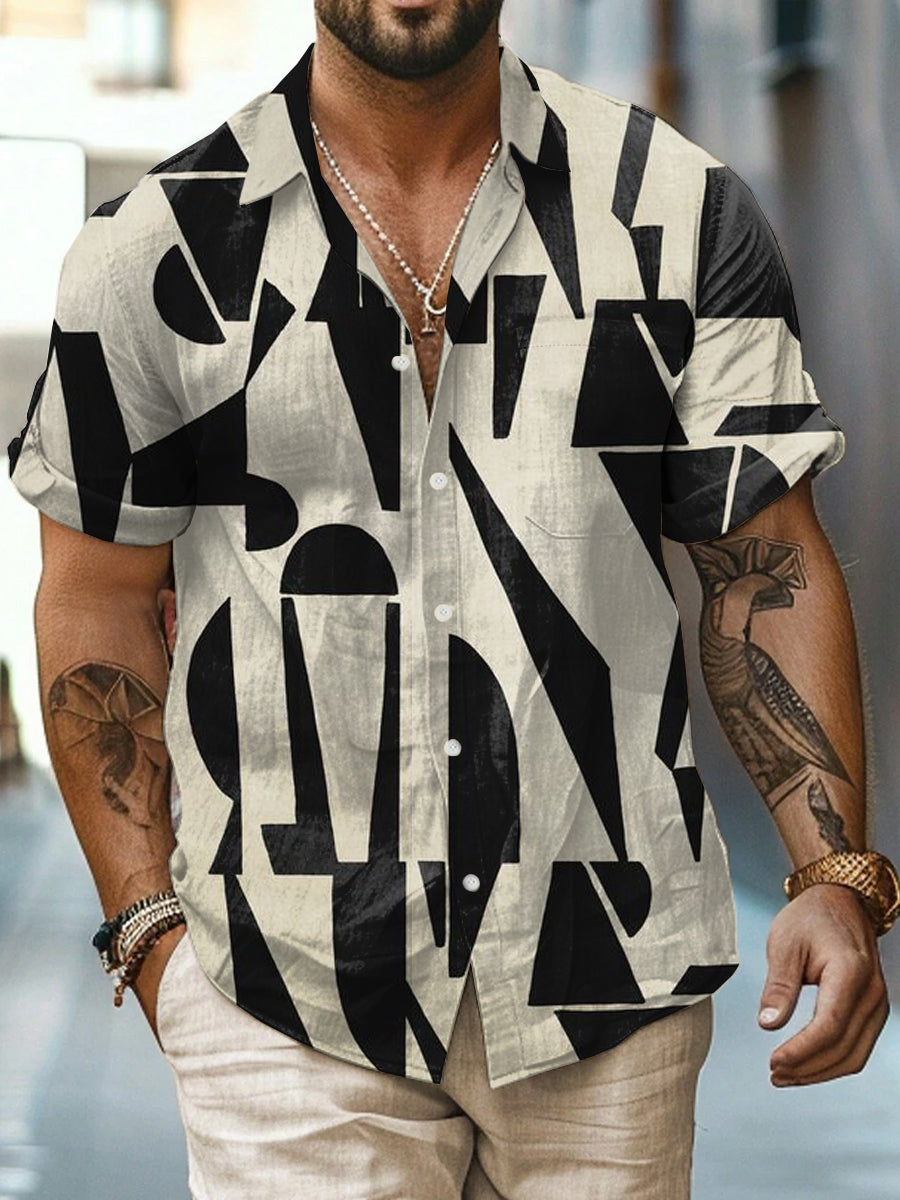 Geometry Printed Vintage Fashion Lapel Loose Short Sleeve Shirt
