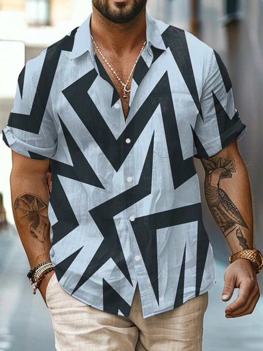 Geometric Lines Printed Vintage Fashion Lapel Loose Short Sleeve Shirt