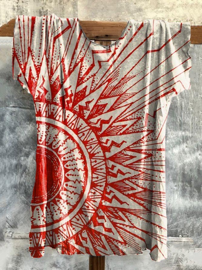 Retro Sun Illustration Printed Casual Short Sleeve T-Shirt