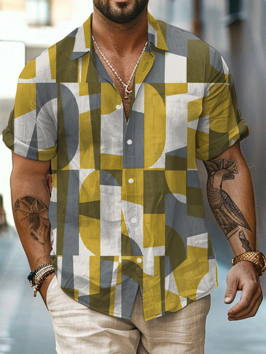 Geometric Printed Vintage Fashion Lapel Loose Short Sleeve Shirt