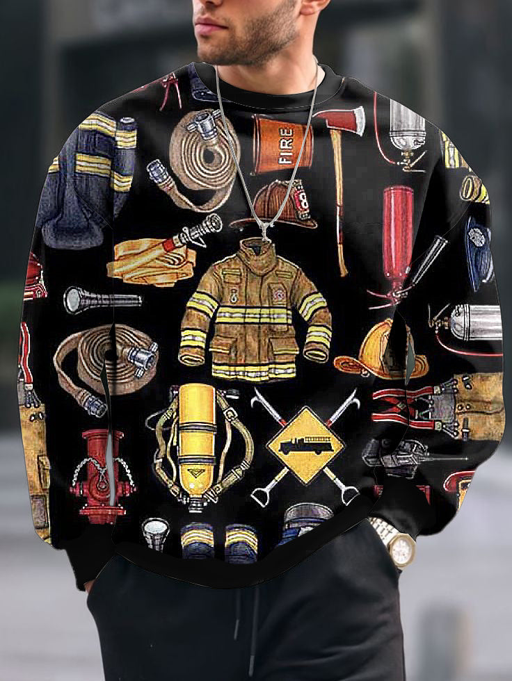 Men's Vintage Fire Fighting Print Crew Neck Casual Sweatshit