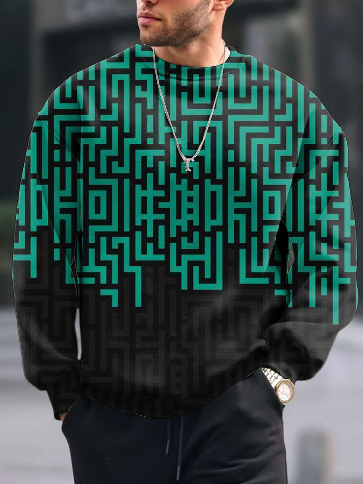 Men's Vintage Geometric Lines Print Crew Neck Casual Sweatshit