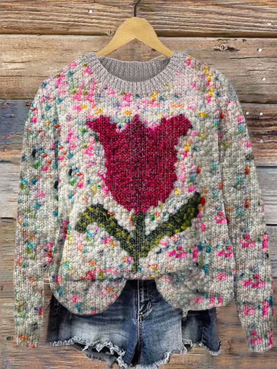 Unisex Retro Floral Illustration Printed Casual Long Sleeve Sweatshirt